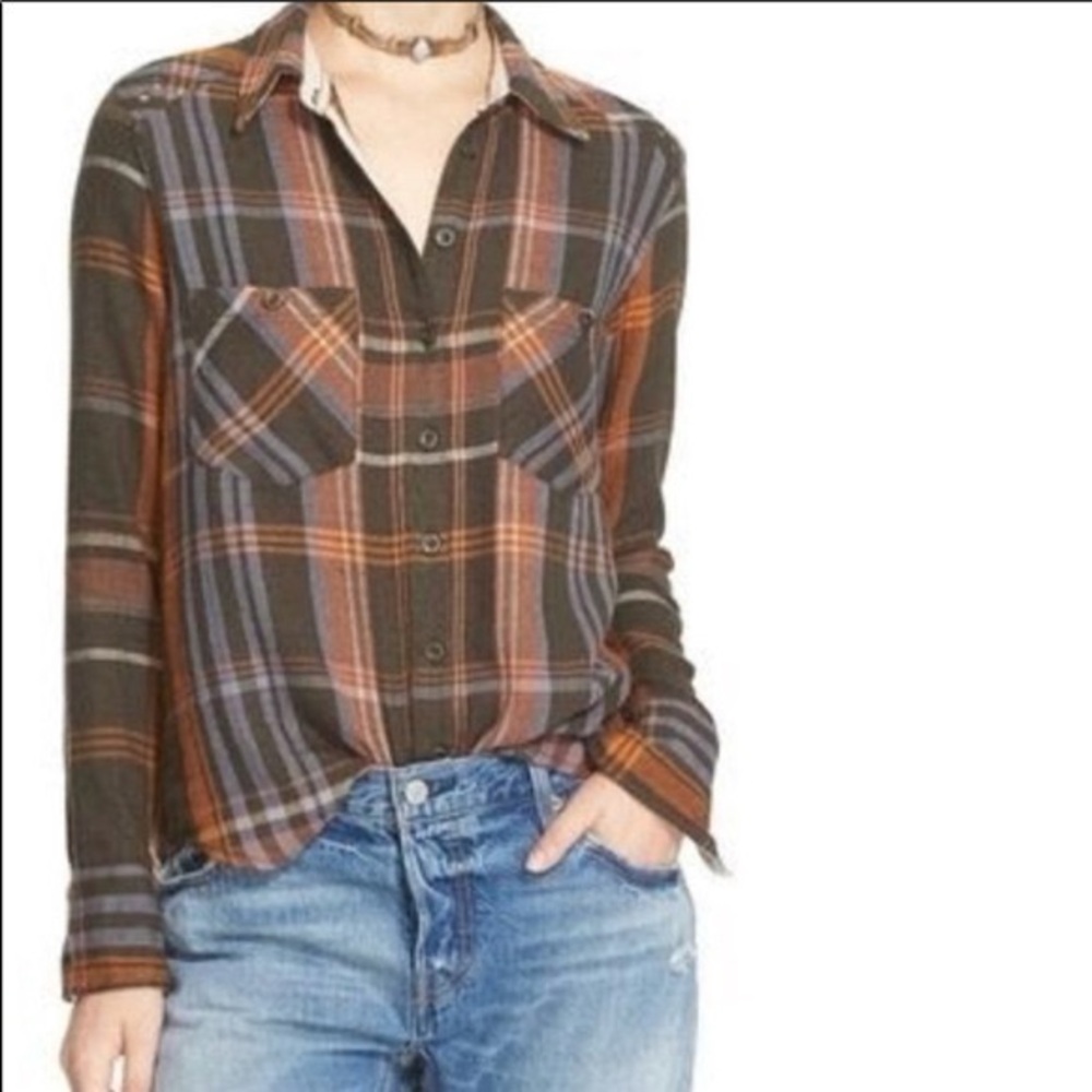 Free People Wesley Plaid Boho Rustic Button Down Top Blouse Size Medium